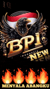 a logo for bpi indonesia with an eagle and flames in the background