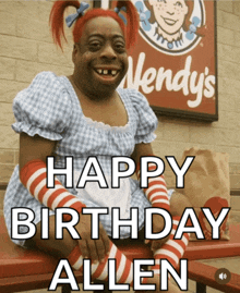 a wendy 's sign is behind a woman in a dress