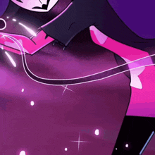 a close up of a cartoon character with a pink and purple background