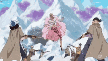 a man in a pink dress is flying through the air surrounded by a group of people holding guns .
