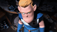 a cartoon character with a serious look on his face is wearing blue gloves