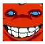 a pixel art of a smiling red face with blue eyes and teeth .