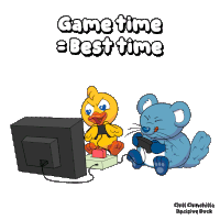 a cartoon of a duck and a mouse playing a video game with the words game time best time below them