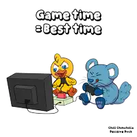 a cartoon of a duck and a mouse playing a video game with the words game time best time below them