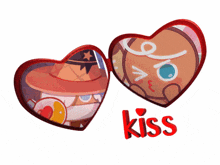 two hearts with a picture of a cookie and the word kiss below them