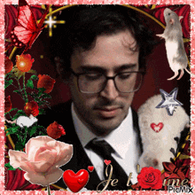 a picture of a man with glasses is surrounded by flowers and a mouse and the words je t me picmix