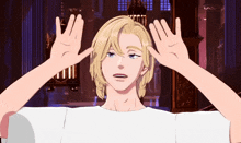 a cartoon drawing of a man with blonde hair making a funny face