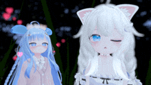 a girl with blue hair and a white haired girl with white ears