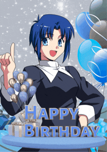 a blue haired anime girl stands in front of balloons and says happy birthday