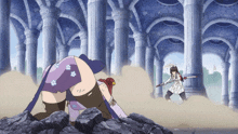 a cartoon of a woman laying on a pile of rocks with a sword in her hand