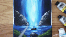 a painting of a waterfall with a bottle of winsor and newton acrylic paint