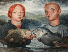 a painting of a boy and a girl holding fish with their faces on them