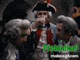 a man in a pirate hat is drinking from a glass while two other men look on ..