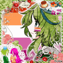 a picture of a girl with green hair and a speech bubble that says " i 'm a lesbian "