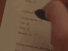 a person is answering a question about comic books , cat , girls , and bicycle .