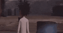 a cartoon character with a surprised look on his face is standing in a field .