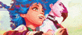 a painting of a girl with blue hair standing next to another girl with pink hair