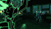 a video game character is fighting another character with a crescent moon in the background