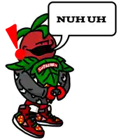 a cartoon of a tomato with a speech bubble that says nuhuh