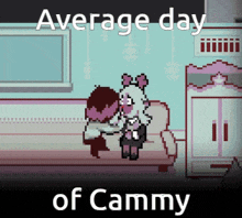 a pixel art of a couple sitting on a couch with the words " average day of cammy "