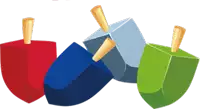 four different colored spinning tops with wooden handles are stacked on top of each other
