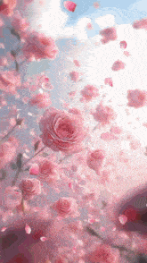a bunch of pink roses and petals falling from the sky