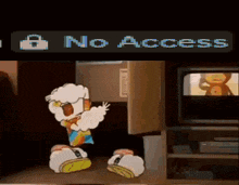 a cartoon character is standing in front of a tv screen that says no access