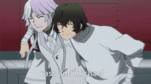 a couple of anime characters standing next to each other with cass and michael written in the corner