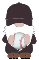 a gnome wearing a baseball cap and holding a baseball