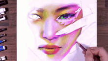 a person drawing a woman 's face with a purple pencil