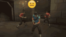 three soldiers are running in a dark room with a yellow smiley face behind them