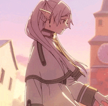 a drawing of a girl with a ponytail and a clock tower behind her