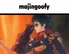 a cartoon of a man wearing sunglasses standing in front of a fire with the words majingoofy written above him .