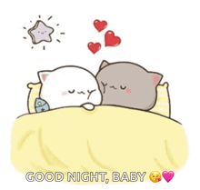 two cats are sleeping in a bed with hearts flying around them and the words `` good night baby '' .