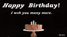 a birthday card with a chocolate cake and candles that says happy birthday i wish you many more