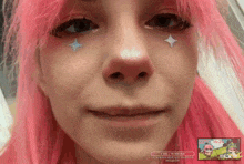 a close up of a girl 's face with a sticker that says ' 4 000 / 75,000 rub ' on it