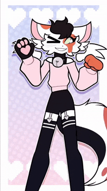 a drawing of a cat wearing a pink shirt and black pants