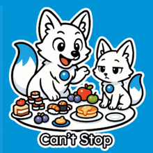 a cartoon of two foxes sitting at a table with can 't stop written on the bottom