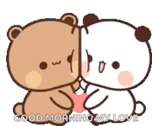a couple of teddy bears holding a heart and saying good morning my love .