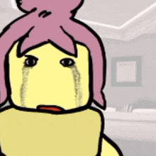 a yellow cartoon character with pink hair is crying with tears coming out of his eyes