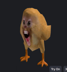 a 3d model of a chicken with its mouth open and a try on button underneath it
