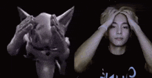 a man is making a funny face with his hands in front of a cartoon character .