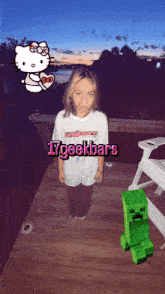 a girl standing on a dock with a creeper and hello kitty