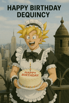 a cartoon of a maid holding a cake with the words happy birthday on it