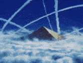 a pyramid is surrounded by clouds and smoke trails