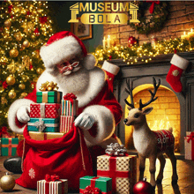 santa claus is sitting in front of a fireplace holding a bag of presents and a deer