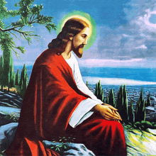 a painting of jesus sitting on a rock overlooking a city