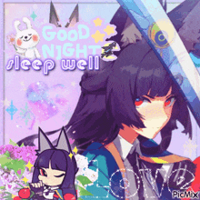 a picture of a girl with the words good night sleep well above her