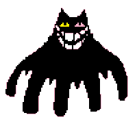 a pixel art drawing of a black cat with yellow and pink eyes and a smile .