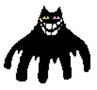 a pixel art drawing of a black cat with yellow and pink eyes and a smile .